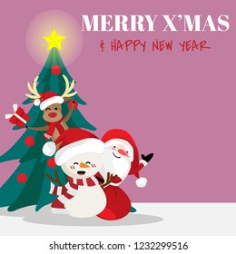 Santa Claus with snowman and reindeer wear Santa hat and red scarf holding gift box, Christmas tree with shining star on snow floor and pink background and Merry Christmas & Happy New Year text. 