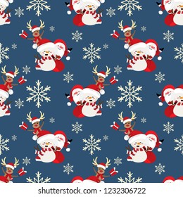 Santa Claus with snowman and reindeer wear Santa hat and red scarf holding gift box seamless pattern on blue background with snowflakes. Cute Christmas holidays cartoon character background. 