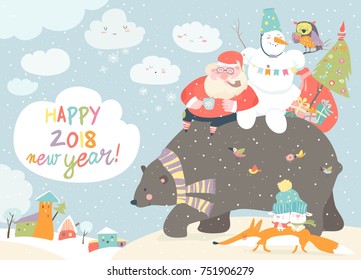 Santa Claus with snowman riding on the back of friendly bear