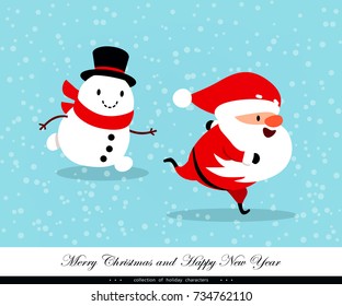 Santa Claus and Snowman run fast. Emotional Christmas and New Year's characters. Humorous xmas collection. Good for congratulation card, banner, flayer, leaflet, poster. Vector illustration