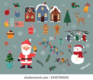 Santa Claus and Snowman. Set of elements for Christmas and New Year. Gingerbread men and gifts, houses in the snow, Christmas tree decorations and gifts. Birds on a branch and a deer. Flat vector.