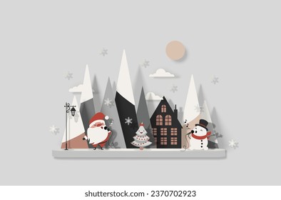 Santa Claus and snowman sing into microphones near a Christmas tree against the backdrop of snow-capped mountains and a country house. Paper cut style. Christmas vector isolated illustration