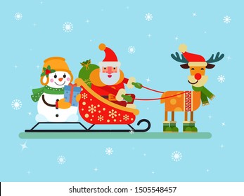 Santa Claus and snowman sitting in sleigh vector illustration. Sled harnessed by deer. Santa brings christmas gifts. Happy New Year and Merry Christmas congratulations card.
