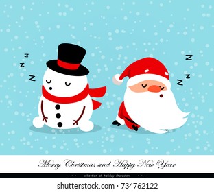 Santa Claus and Snowman sleep. Emotional Christmas and New Year's characters. Humorous collection. Good for congratulation card, banner, flayer, leaflet, poster. Vector illustration