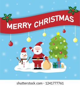 Santa Claus snowman in snow with Christmas tree, gift box 
and there is a Christmas card on top.