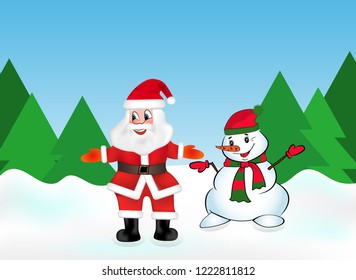 Santa Claus and Snowman in the snow forest on the background of Christmas trees. Vector illustration.