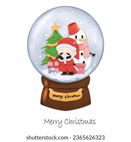 santa claus and snowman snow globe watercolor vector illustration Christmas Day.