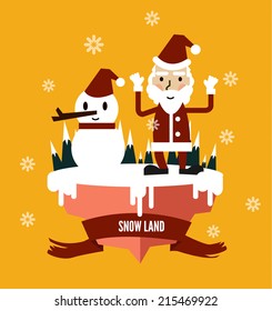 Santa Claus & snowman at snow land. flat character design. vector illustration