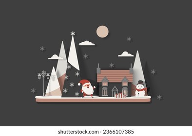 Santa Claus and snowman stand near country house with Christmas trees and lantern and snowflakes. Paper cut style. Christmas vector isolated illustration.