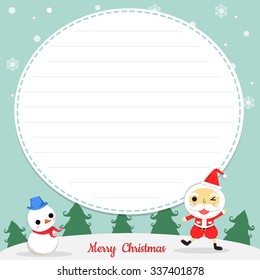 santa claus and snowman stand on snow with tree and snowflakes on christmas day, paper in center of card with space for text.
