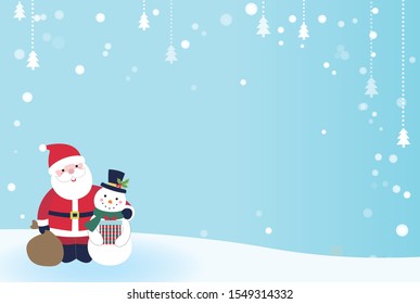 Santa Claus with snowman standing in blue sky with snow. bright blue Christmas background .Christmas vector illustration. holiday card .Christmas card design. Christmas pattern.