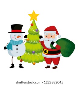 santa claus and snowman with tree
