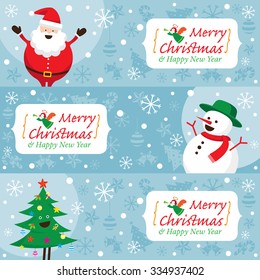 Santa Claus, Snowman, Tree, Banner, Characters, Merry Christmas and Happy New year