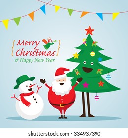 Santa Claus, Snowman, and Tree Characters, Merry Christmas and Happy New year