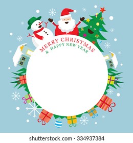 Santa Claus, Snowman, Tree, Frame, Characters, Merry Christmas and Happy New year