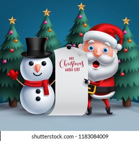 Santa claus and snowman vector characters holding blank christmas wish lish paperwith a christmas trees elements in blue background. Vector illustration.
