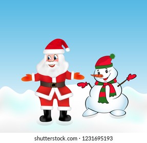 Santa Claus and Snowman welcomes guests. Christmas vector illustration.