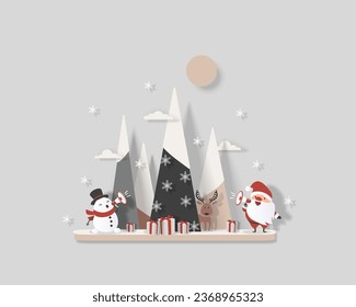 Santa Claus and snowman wish everyone a Merry Christmas using a megaphone near the Christmas tree with gifts. Paper cut style. Christmas vector isolated illustration