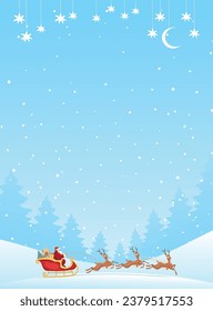 Santa Claus in a snowy forest carrying gifts in a sleigh with reindeer, Christmas card with copy space for text. Flat cartoon vector illustration, New Year card.