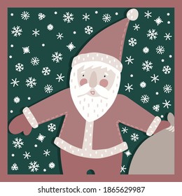 Santa Claus in the snowy night card poster centerpiece seasonal Christmas winter holiday vector colorful framed illustration 