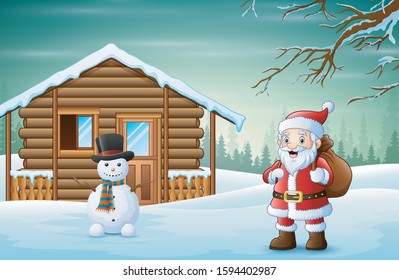 Santa claus in the snowy village with a bag of gifts