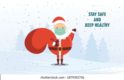 Santa Claus And Social Distancing Infographic With Cute Christmas Cartoon. Corona Virus Safety Tips. Merry Christmas