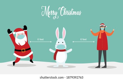 Santa Claus And Social Distancing Infographic With Cute Christmas Cartoon. Corona Virus Safety Tips. Merry Christmas