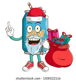 Santa claus of soda can cartoon character carry a bag full of gift box with funny smile face