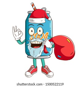 Santa claus of soda can cartoon character carry a red bag with ok hand sign and funny smile face