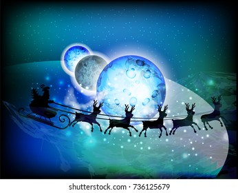 santa claus in space among planets  background