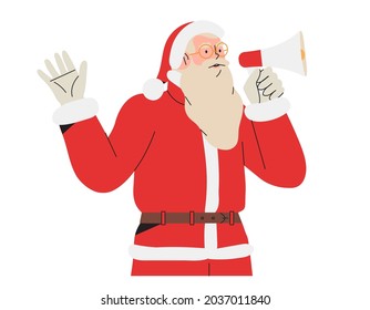 Papá Noel hablando en voz alta o megáfono deseando felices vacaciones de invierno y saludando con Feliz Navidad y Año Nuevo. Carácter Santa para banner, publicidad, anuncio de sitio web aislado.