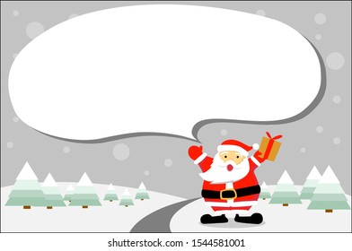 Santa Claus with speech bubble. Attract attention. Christmas and New year greeting, sale information banner, vector illustration, flat design, cartoon style. Snow theme background and landscape.