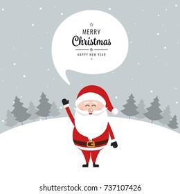 Santa claus speech bubble merry christmas greeting text snow landscape background
