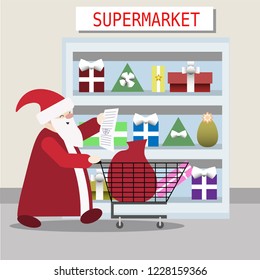 The Santa Claus spend time to buying presents for children and the one boy who wants a puppy in supermarket before christmas