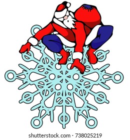  Santa Claus in a spider-man costume sits on a snowflake. Vector illustration, colors on white background. Humorous illustration. New Year.