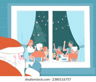 Santa Claus spies on how the family celebrates Thanksgiving at the table. Parents and grandparent raised glasses of champagne, children with juice. Flat vector illustration.