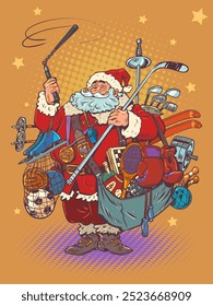 Papá Noel con equipo deportivo. Año Nuevo y regalos de Navidad para fitness. Venta de bienes y servicios para los atletas en las vacaciones. Dibujo a mano de Ilustración vectorial retro de arte pop de dibujos animados cómicos