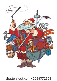 Papá Noel con equipo deportivo. Año Nuevo y regalos de Navidad para fitness. Venta de bienes y servicios para los atletas en las vacaciones. Dibujo a mano de Ilustración vectorial retro de arte pop de dibujos animados cómicos. En un