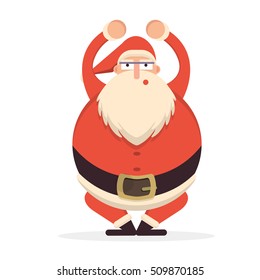 Santa Claus sqautting. Cute cartoon cheerful and smiling Father Frost character doing squats. Flat style vector illustration
