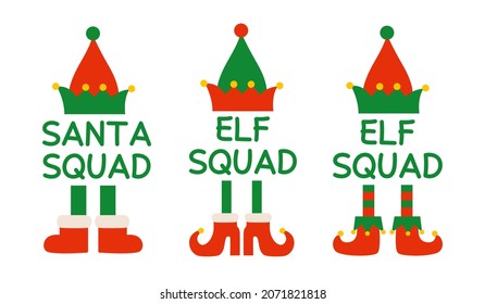 Santa Claus squad Christmas design. Cartoon elf squad isolated illustrations. Elf hat and elf shoes. Christmas monogram