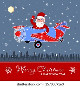 Santa Claus or St. Nicholas waves his hand in the plane on Christmas Eve. Vector illustration