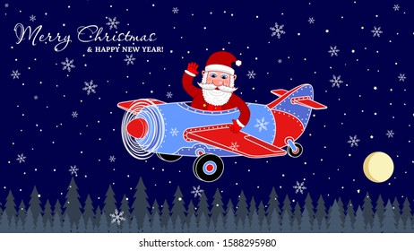 Santa Claus or St. Nicholas waves his hand in the plane on Christmas Eve. Vector illustration