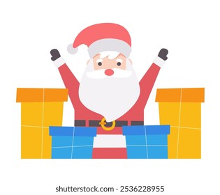 Santa claus with stack of christmas presents . Cartoon character . Flat design . Vector .