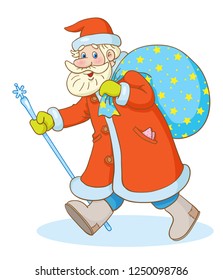 Santa Claus with a staff and a bag of gifts in a hurry to meet the New Year. Isolated on white background. Vector illustration.