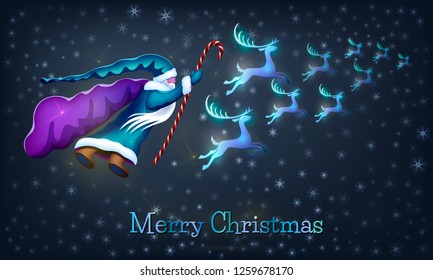 Santa Claus with staff and nine reindeers carries gifts on Christmas night. New year background with snowflakes and winter surprises. Uplifting card.