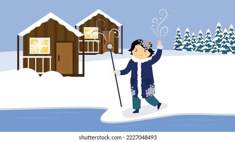 Santa Claus with a staff walking through the snow