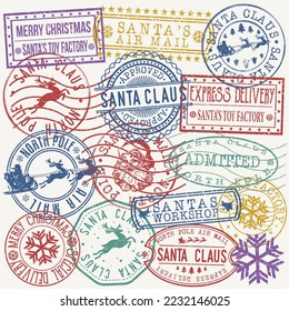 Santa Claus Stamp Set. North Pole Workshop Elf Design Vector Art Round Seal Christmas.