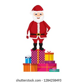 Santa Claus stand on gifts. Merry christmas and happy new year. Isolated vector illustration.