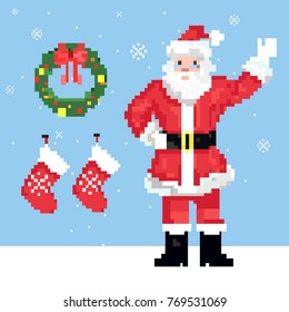 Santa Claus stand and smile. Cartoon Christmas holiday character. Cute Father Frost vector illustration. Pixel  Santa for games and applications. holiday set with wreath, socks