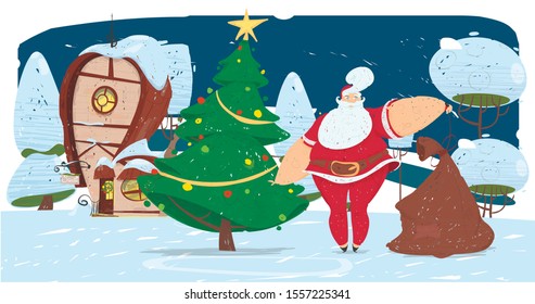 Santa Claus Stand in Yard of his House with Decorated Christmas Tree Untie Sack with Gifts on Night Snowy Landscape Background. Merry Christmas Happy New Year Postcard Cartoon Flat Vector Illustration